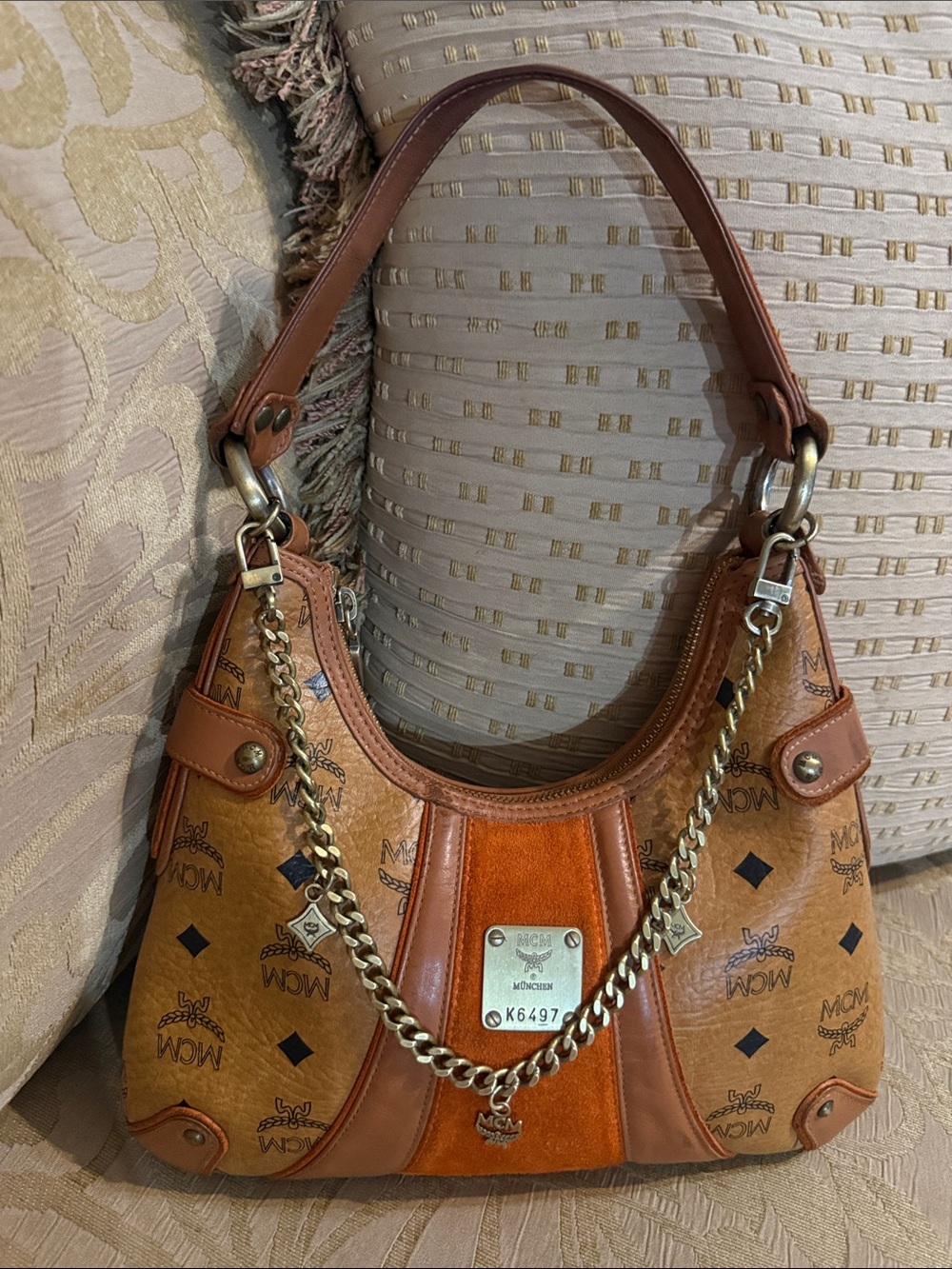 MCM Visetos Monogram Hobo Shoulder Bag with chain preowned